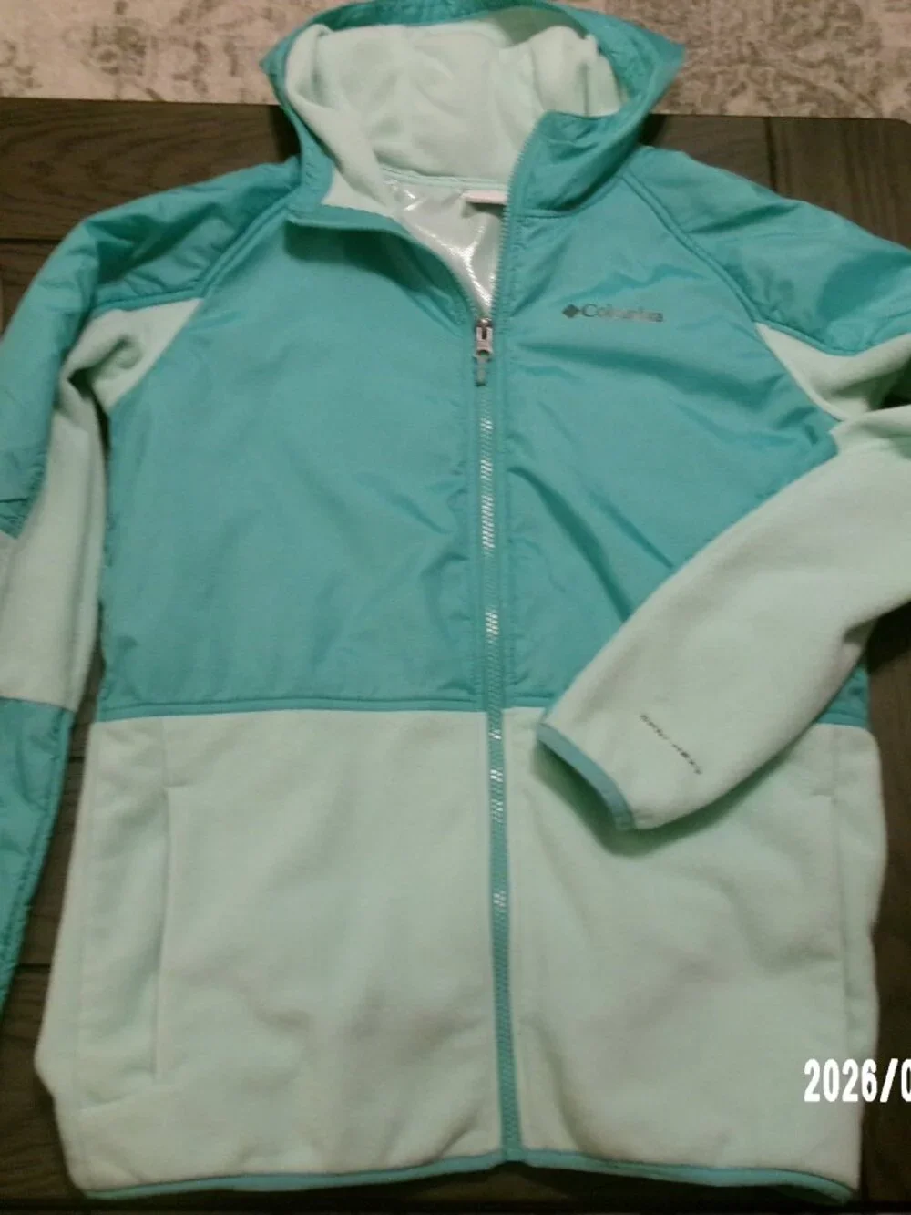 Columbia Jacket Youth XL 18 Mint Green Fleece Full Zip Front Hooded Cold Gear EX
